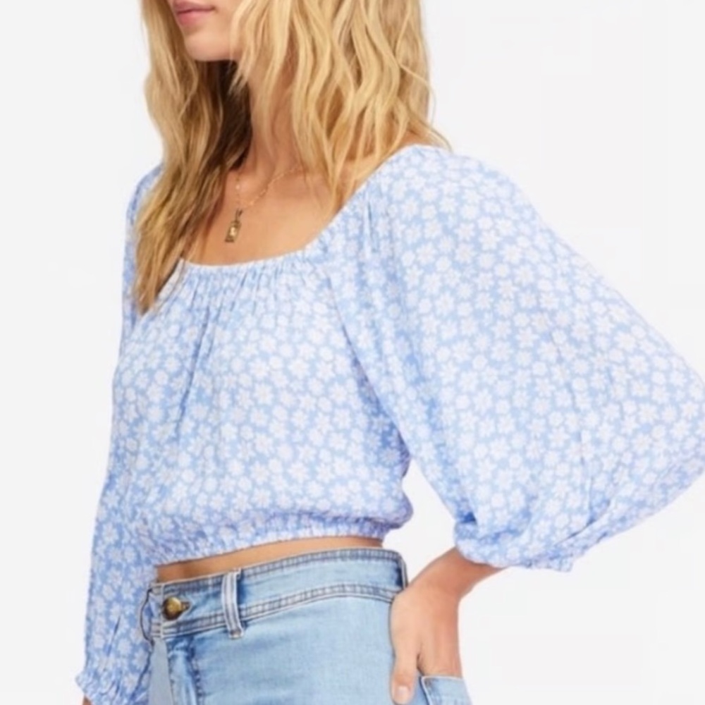 Billabong blue floral flowy off the shoulder crop top